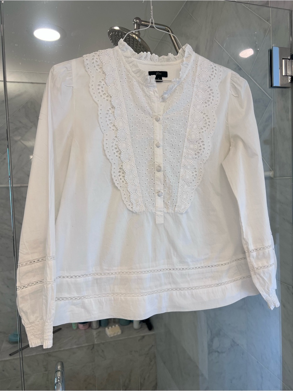 J. Crew White Eyelet Lace Bib Button-Front Blouse